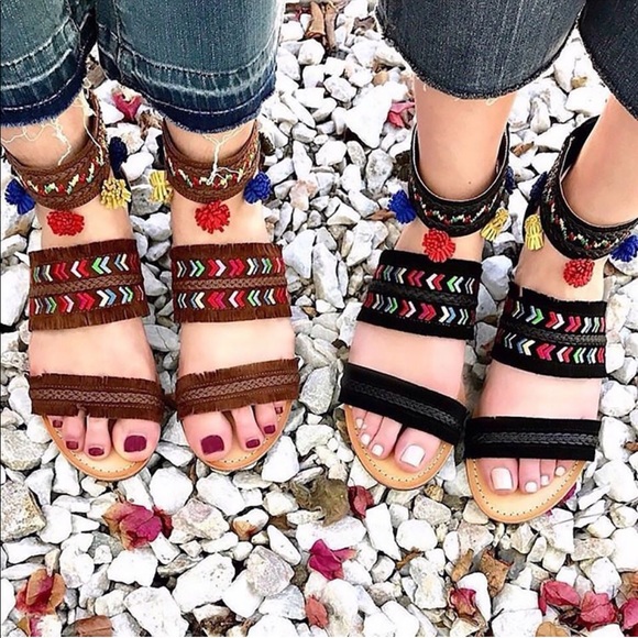 Buckle Shoes - Boho Pom Pom Embroidered Kitten Demi Wedge Sandal